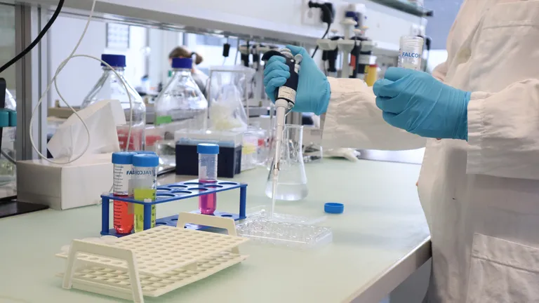 close up of a person in a laboratory adding liquid probes to small test tubes